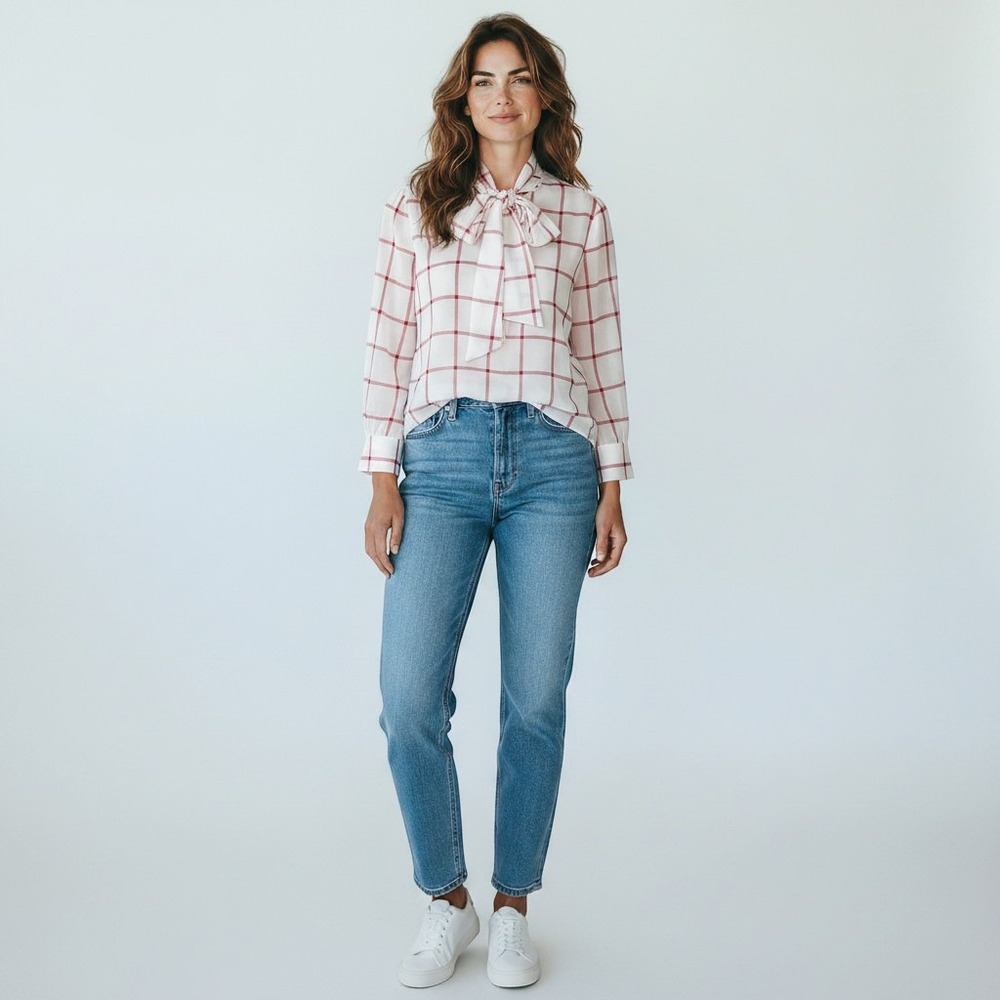 New York & Company Blouse M Petite Pink White Grid Tie Neck Long Sleeve